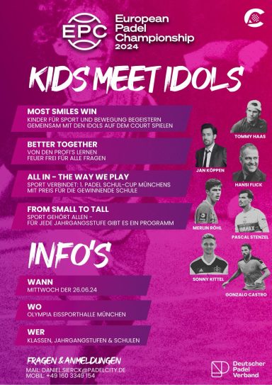 Plakat für die EPC mit Veranstaltungen wie "Kids meet Idols" und Informationen.